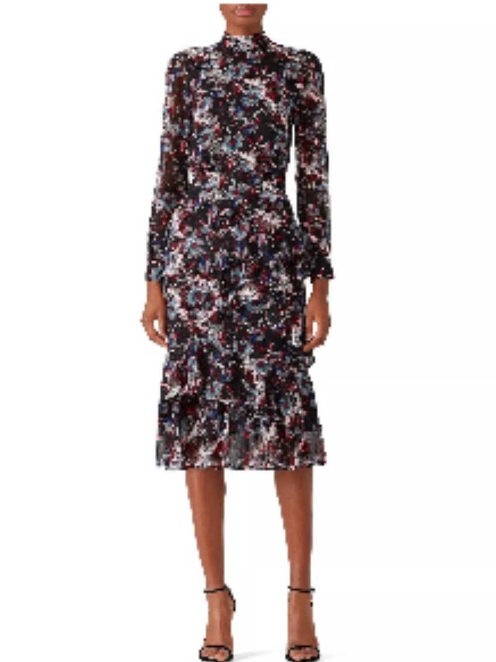 SALONI Silk Abstracted Asymmetrical Ruffle Midi Dress Size 2